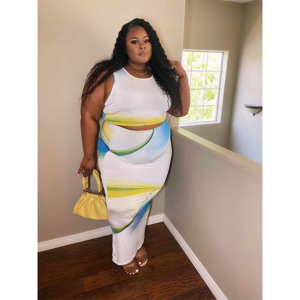 White Blue and yellow 2pcs plus size Skirt set